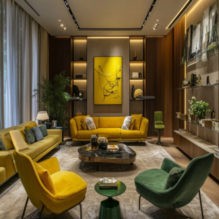 Contemporary Yellow And Grey Living Room Design With Green Accent Chair