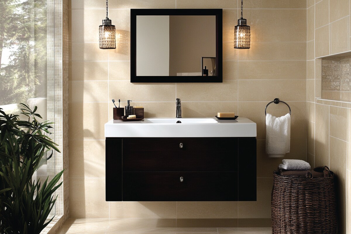 Contemporary Bathroom Design With Beige Wall Tiles And Dark Wood Bathroom Cabinet