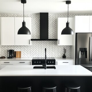 Modern Rectangular Black and White Herringbone Kitchen Tile Design