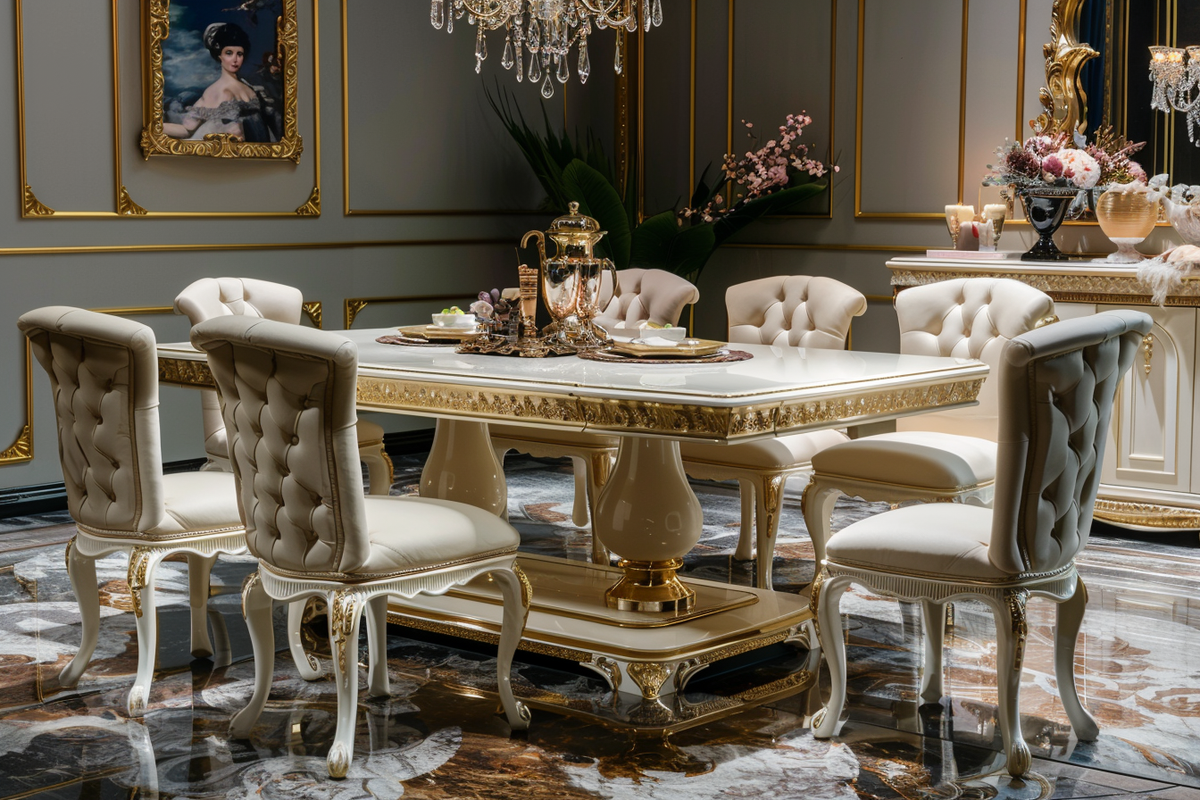 Classic Dining Room Design With 6-seater Beige And Gold Table