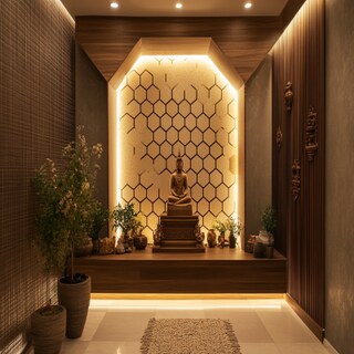 Modern Mandir Design With Hexagonal Wallpaper