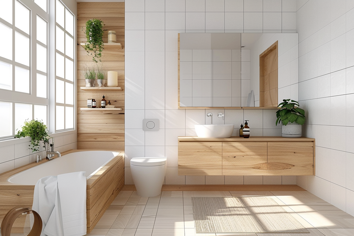 Scandinavian Spacious White And Wood Bathroom Design With Wall-Mounted Wooden Vanity Unit