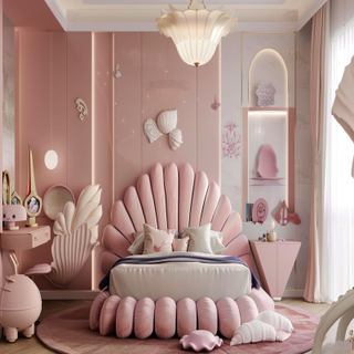 Modern Pink Kids Room Design For Girls With Shell-Shaped Headboard