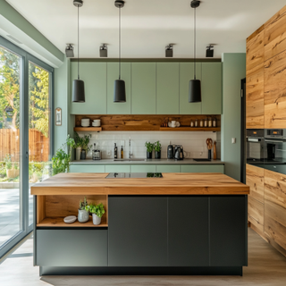 Modern Eclectic Island Kitchen Design With Cabinets