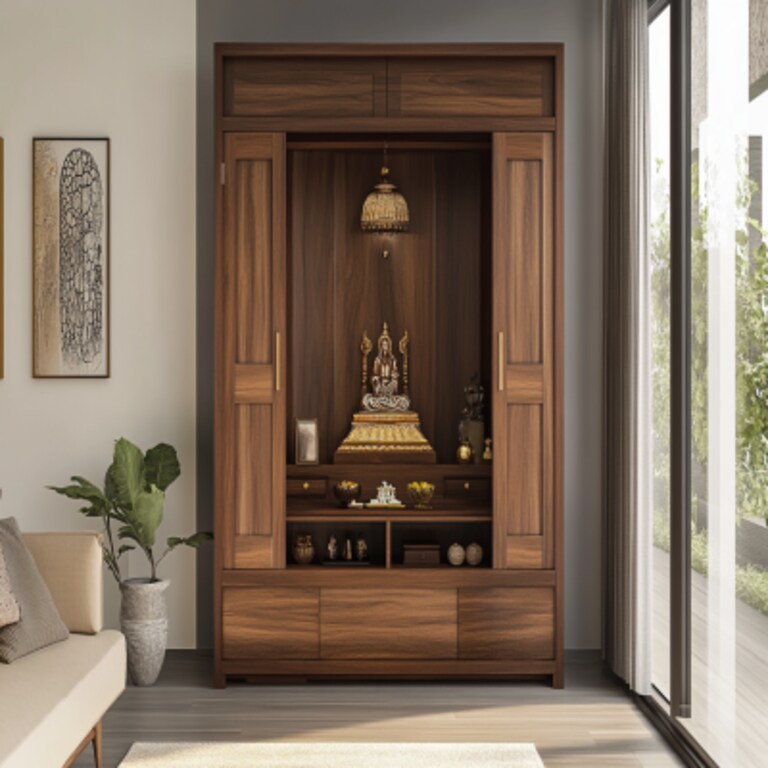 Contemporary Mandir Design With Semi Open Doors And Storage