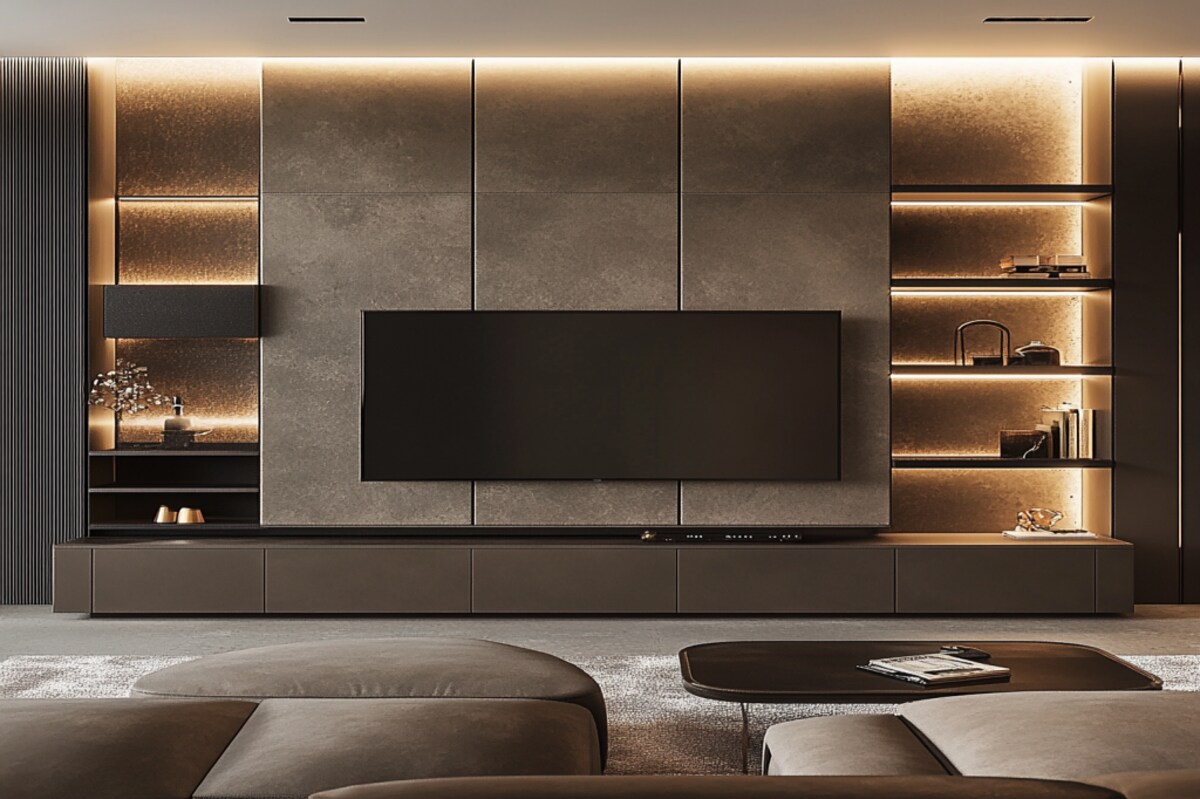 Modern Wall-Mounted TV Unit Design with Suede Finish