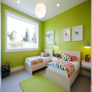 Modern Kids Bedroom Design With Twin Beds and Lime Green Walls