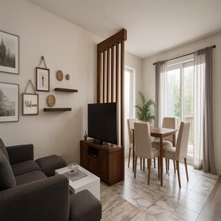 Medium Contemporary Open Living Room Design with Wooden Partition