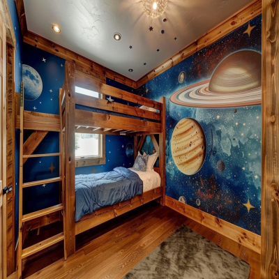 Modern Kids Room Design With Wooden Bunk And Space-Themed Wallpaper