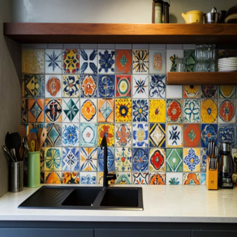 Colourful Contemporary Porcelain Grid Kitchen Tile Design