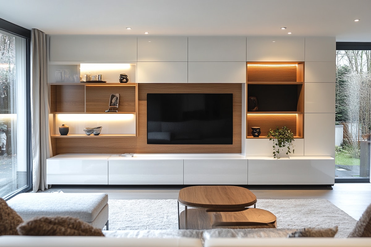 Contemporary Frosty White TV Unit Design with Glossy Finish and Tahiti Samoa Teak Accents