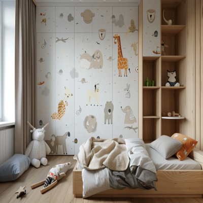 Scandinavian Wooden Kids Bedroom Design With Animal-Themed Wallpaper