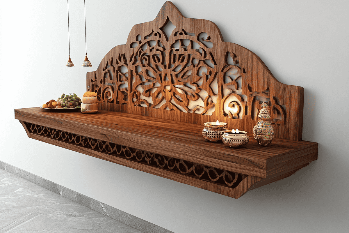 Wall Mounted Modern Pooja Unit Design with Wood Countertop and CNC Design