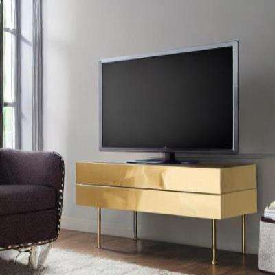Rustic TV Unit Design in Gold Laminate with Grey Walls