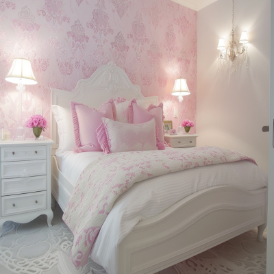 Classic Pink And White Kids Room Design With Damask Wallpaper
