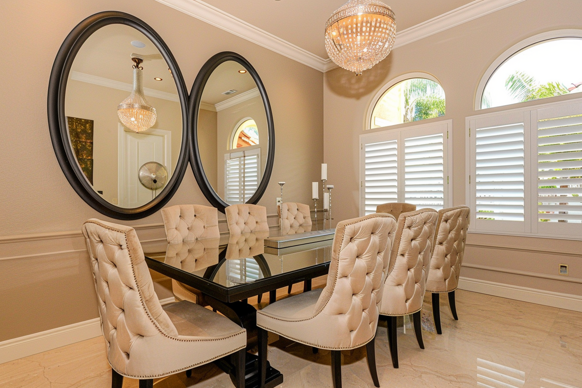 Contemporary 8-Seater Dining Room Design With Beige Tufted Chairs And Wall-Mounted Oval Mirrors