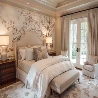 Contemporary Beige Master Bedroom Design With Floral Wallpaper