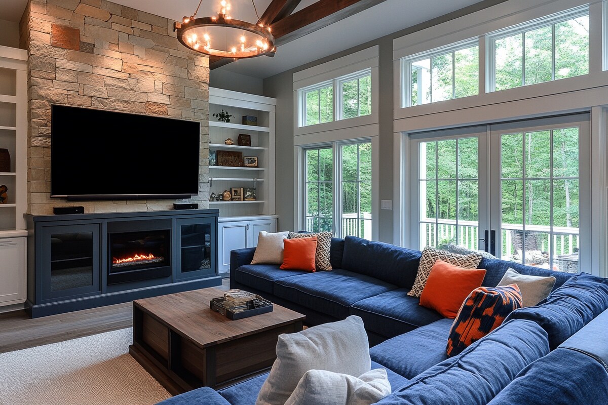 Modern Living Room Design With Blue L-Shaped Sofa Layout And Floor-Mounted TV Unit