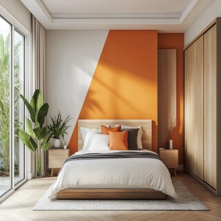 Modern Orange Master Bedroom Design With Tri-Toned Accent Wall And -Door Sliding Wardrobe