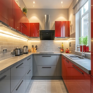 Modern U-Shaped Kitchen Design with Grey and Red Units