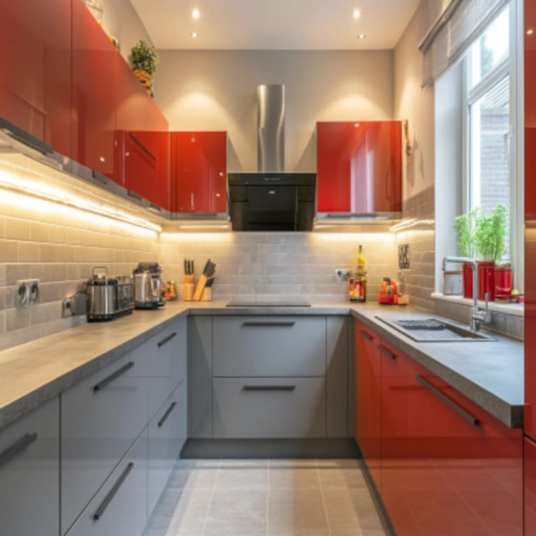 Modern U-Shaped Kitchen Design with Grey and Red Units