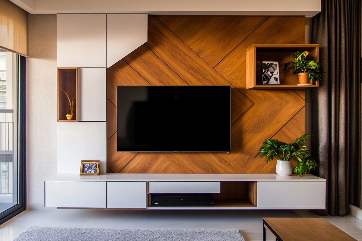 Modern Wood And White Wall-Mounted TV Unit Design With Independent Unit