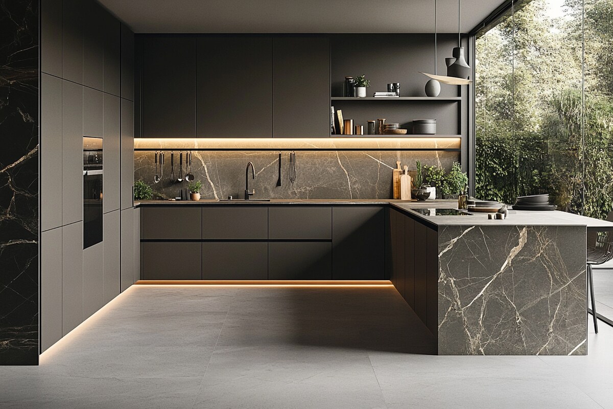 Space-Saving L Shaped Kitchen Design With Marble Countertop