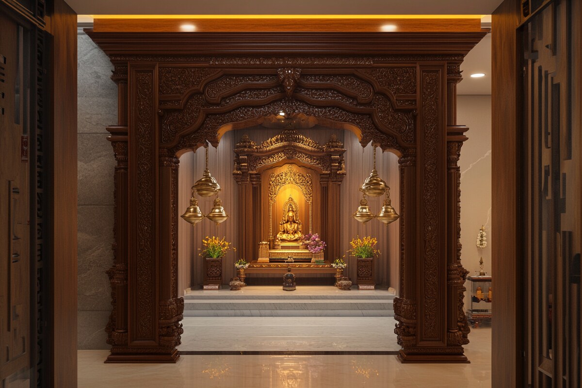 Traditional Mandir Design With Wooden Entrance