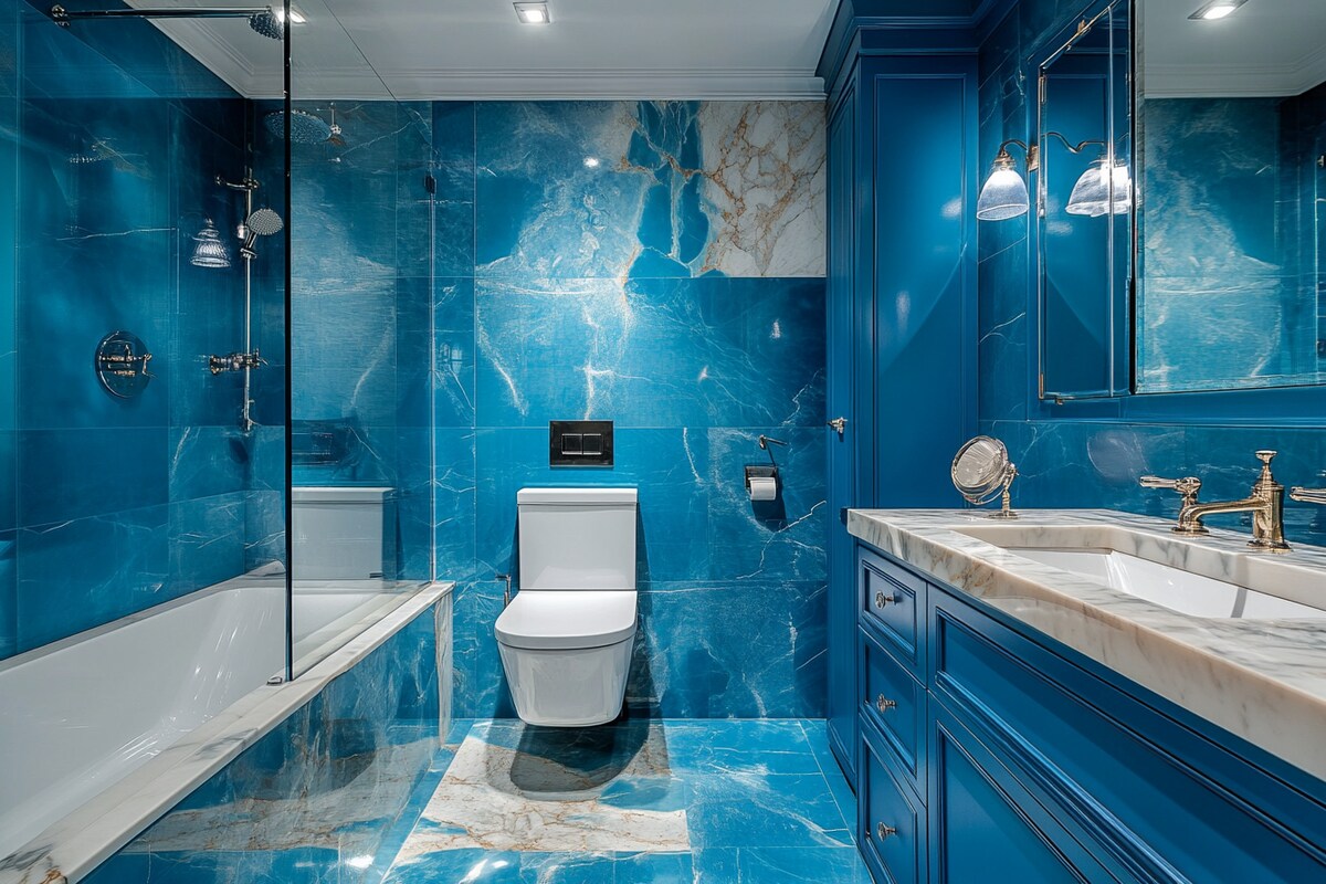 Contemporary Blue Small Bathroom Design Ideas With Marble Wall