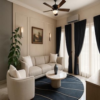 Medium Contemporary Beige Living Room Design with Dark Curtain Contrast