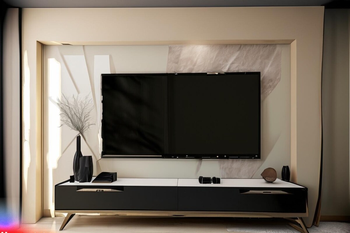 Modern TV Unit Design in Beige and Black Modern TV Unit Design in Beige and Black