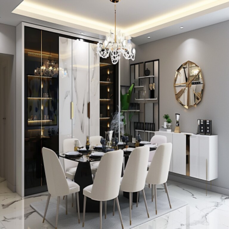 Contemporary White 6-seater Dining Room Design With Black Frosted Crockery Unit And Bevelled Mirror Contemporary White 6-seater Dining Room Design With Black Frosted Crockery Unit And Bevelled Mirror