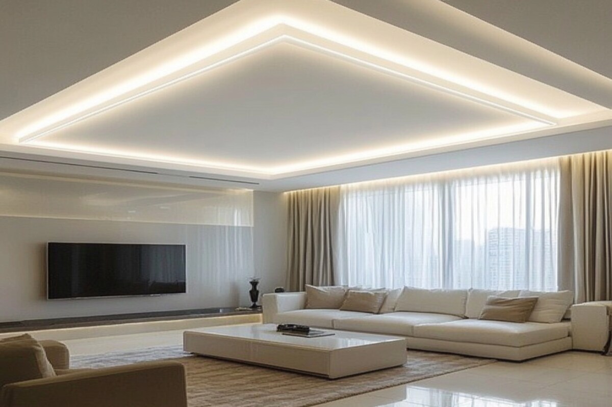 Rectangular White Gypsum Ceiling Design For Living Room