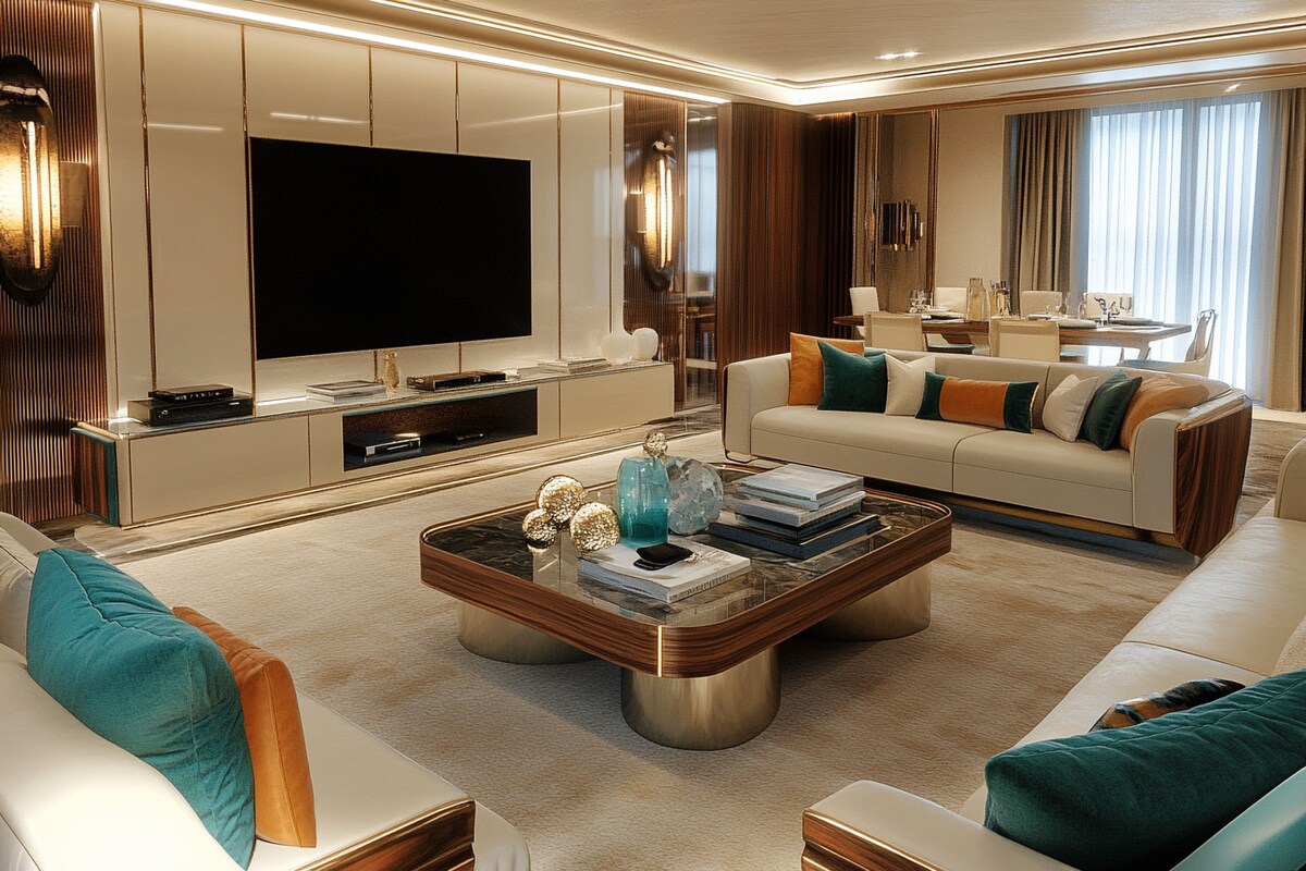 Contemporary TV Unit Design with Wood and Teal Lacquered Accents