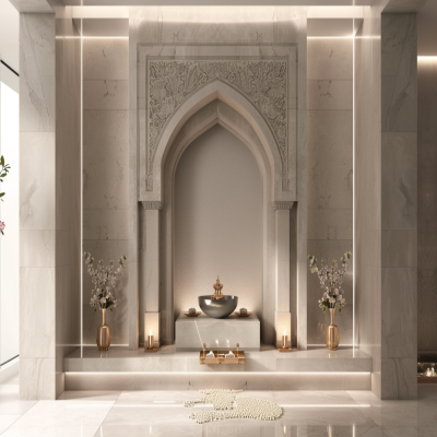 Contemporary Pumic Grey Pooja Room Design With Arched Wall Panel