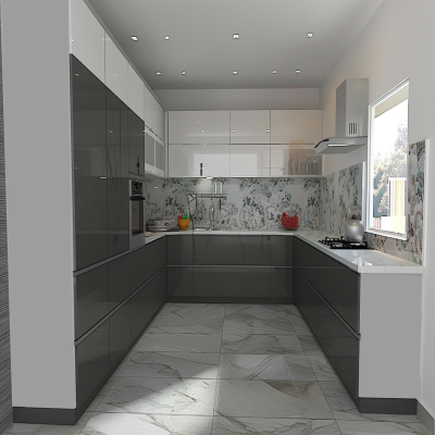 Contemporary Modular U-Shaped Grey And White Kitchen Design WIth 3D Floral Multicoloured Kitchen Tiles