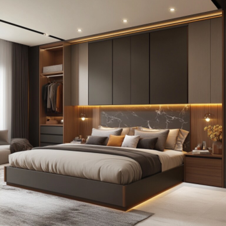 Modern Master Bedroom Design With King Storage Bed and Wardrobe