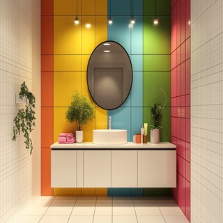 Contemporary Multicoloured Bathroom Design With Round Mirror