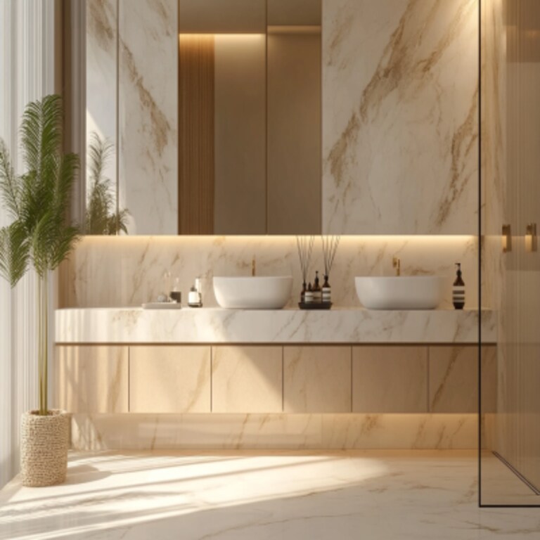 Modern Bathroom Design With Marble Countertop and Storage Cabinets