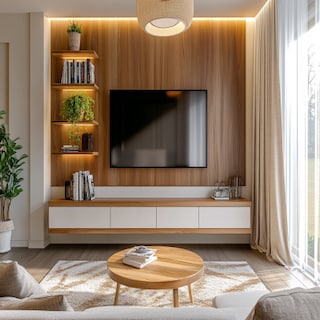 Modern Teak and White TV Unit Design with Open Shelves