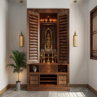 Contemporary Walnut-Toned Pooja Room Design With Open Shutters