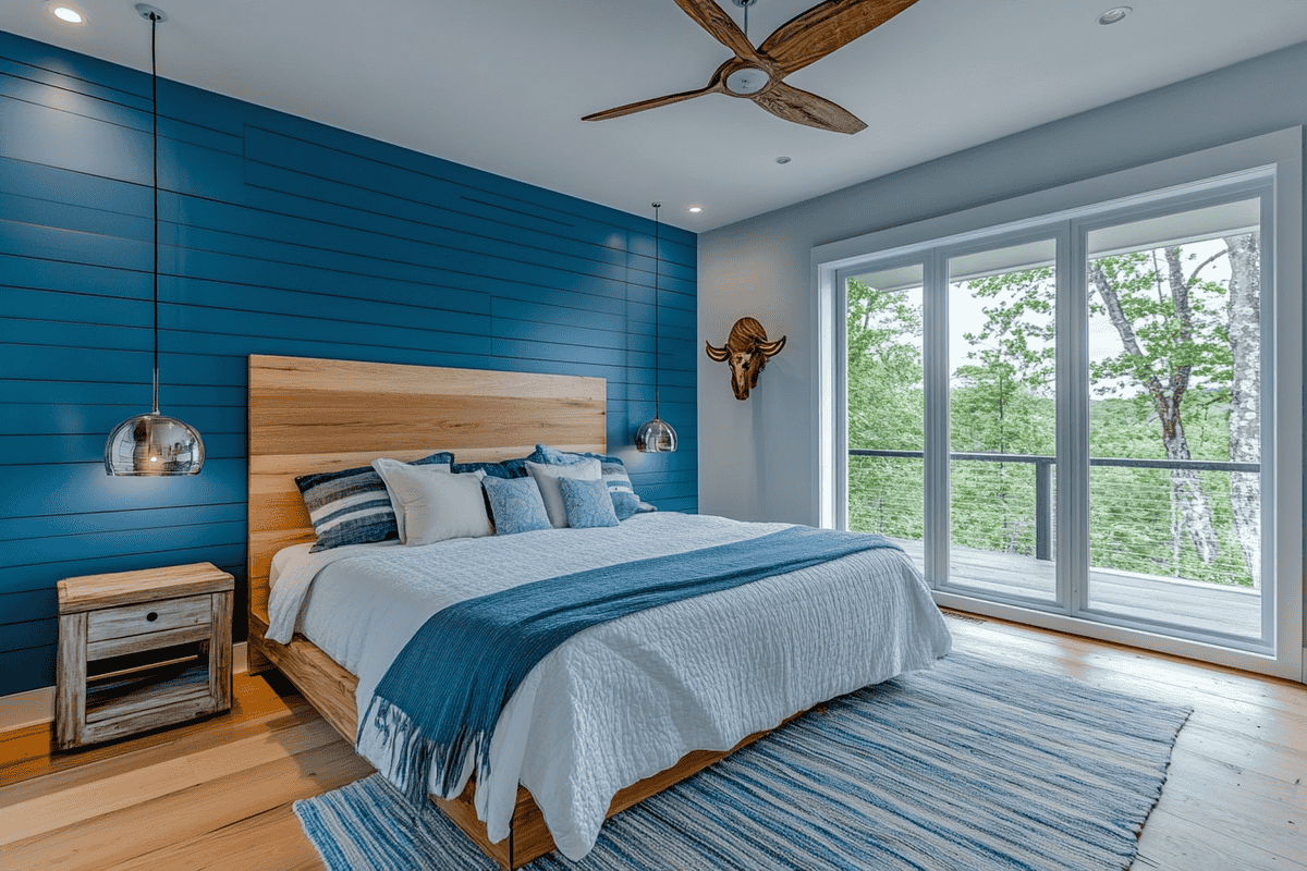 Modern Master Bedroom Design With King Bed and Blue Wall Paneling