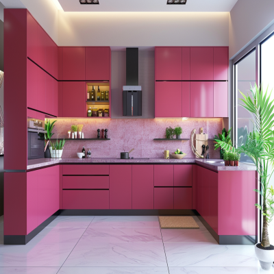 Contemporary L-Shaped Kitchen Design With Dark Pink Cabinets And Granite Kitchen Countertop