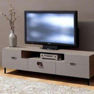 Modern TV Unit Design in Brown and Grey Laminate with Wooden Flooring