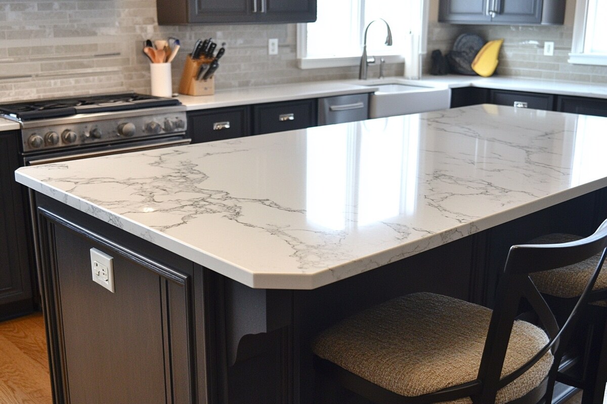 White Modern Island Kitchen Design with Quartz Countertop