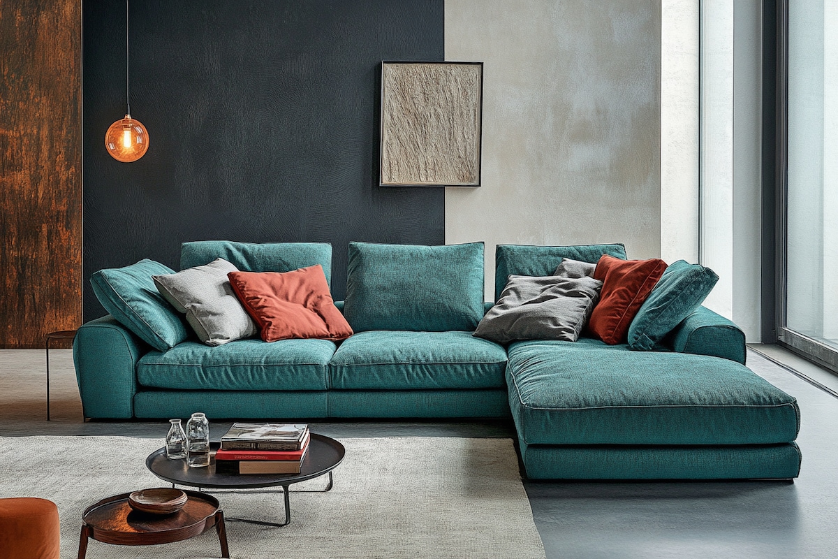 Contemporary Living Room Design with Teal L-Shaped Sofa