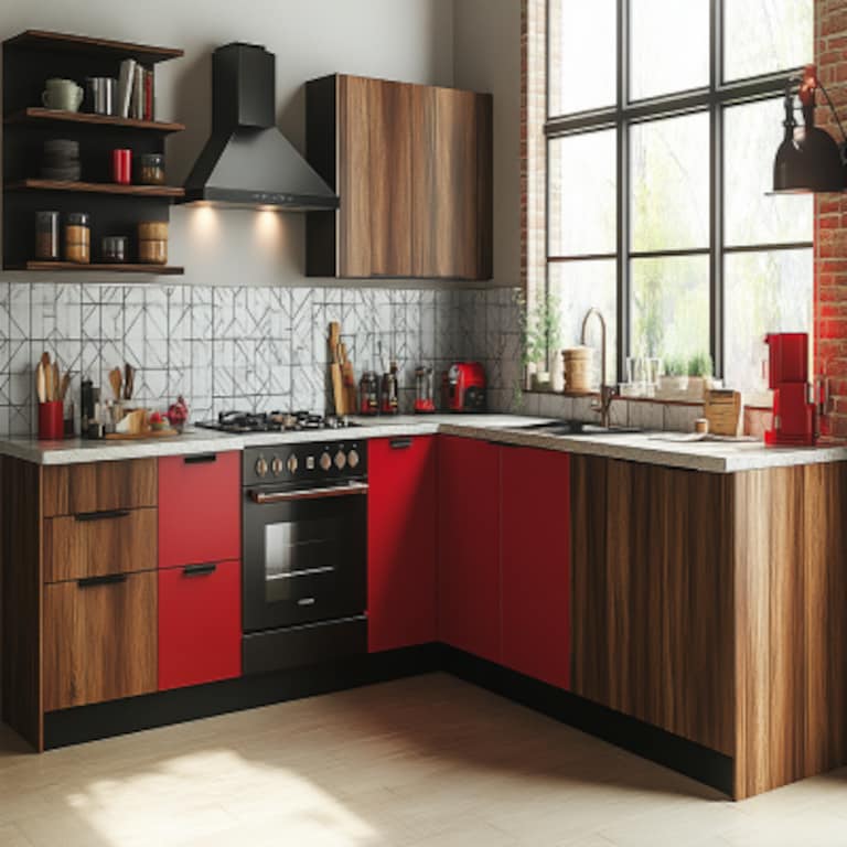 American Walnut and Ruby Modern L-Shaped Kitchen Design