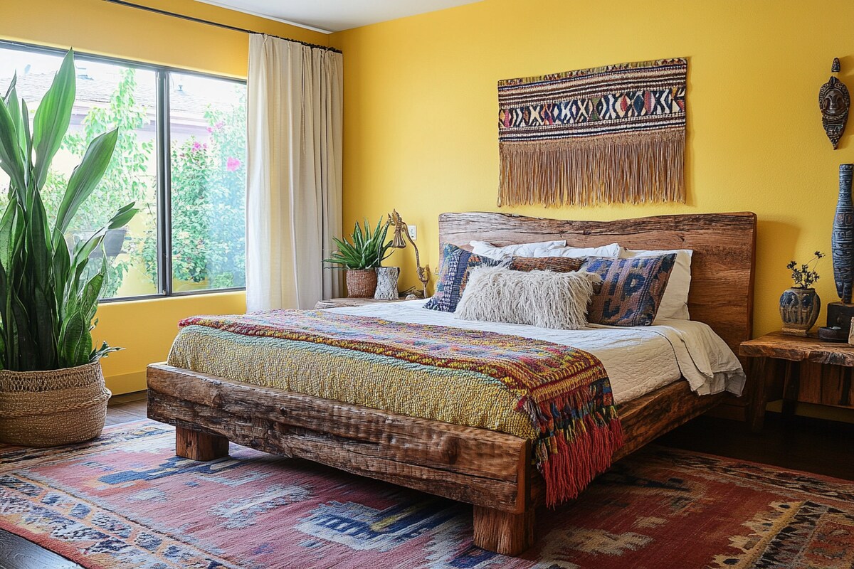 Bohemian Master Bedroom Design With Wooden Bed And Light Yellow Accent Wall