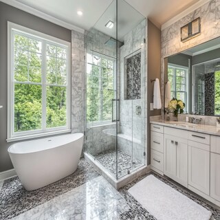 Modern Grey And White Bathroom Design With Glass Partition