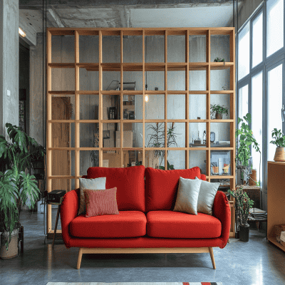 Modern Living Room Design with Red Sofa and Wooden Partition Frame